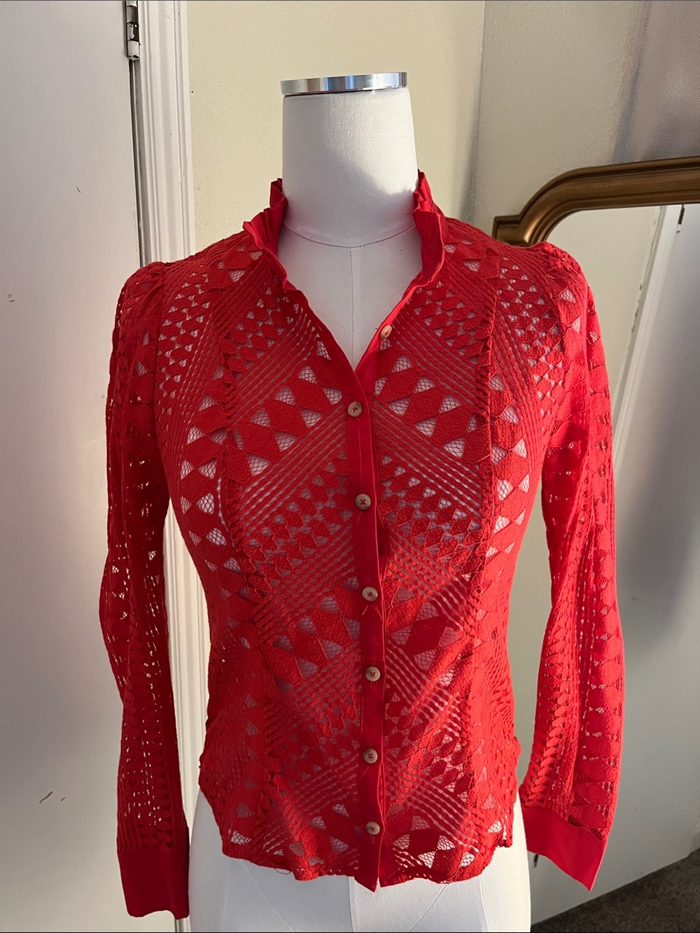 Anthropologie Red Crochet Button-Front Shirt